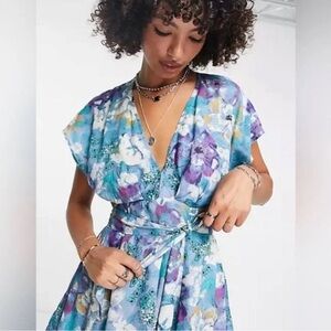 Free People Floral Vneck Tie Waist Mini Dress | Color: Blue | Size: L